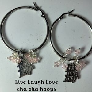 LIVE LOVE LAUGH Stainless Steel Hoop Earrings Pink Cha Cha Beads